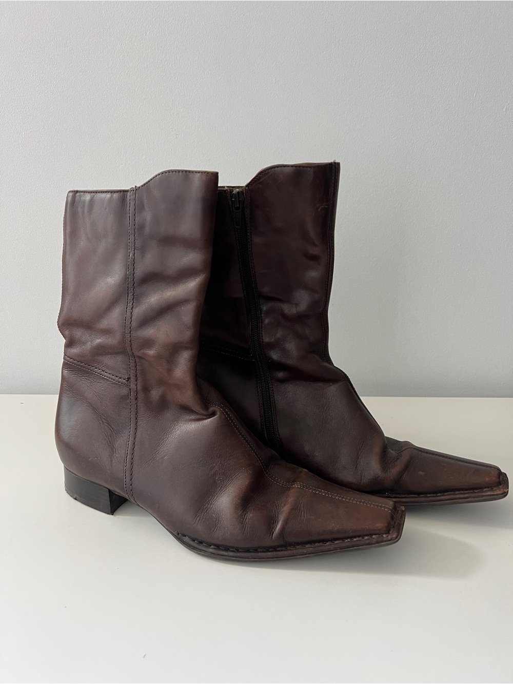 Vintage Brown Leather Boots with square toe